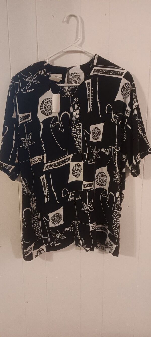 Peter Popovitch VTG Blouse Black/White Abstract Floral Shell Beachy Retro XL
